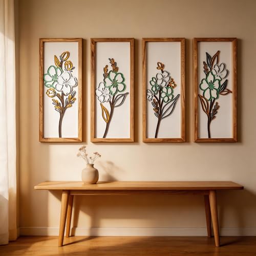 HUYIENO 3D Wooden Framed Floral Wall Art 16 inch Ready-to-Hang Set Stylish Painting for Bathroom Living Room Kitchen Boho Botanical Farmhouse Decorations Gift Idea - Image 2