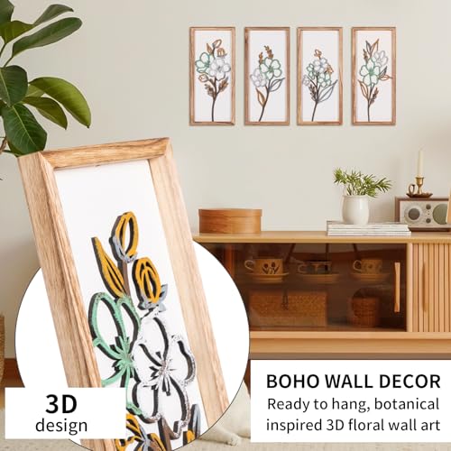 HUYIENO 3D Wooden Framed Floral Wall Art 16 inch Ready-to-Hang Set Stylish Painting for Bathroom Living Room Kitchen Boho Botanical Farmhouse Decorations Gift Idea - Image 4