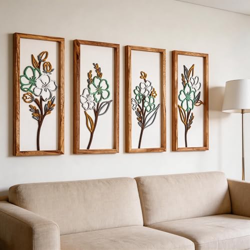 HUYIENO 3D Wooden Framed Floral Wall Art 16 inch Ready-to-Hang Set Stylish Painting for Bathroom Living Room Kitchen Boho Botanical Farmhouse Decorations Gift Idea - Image 1