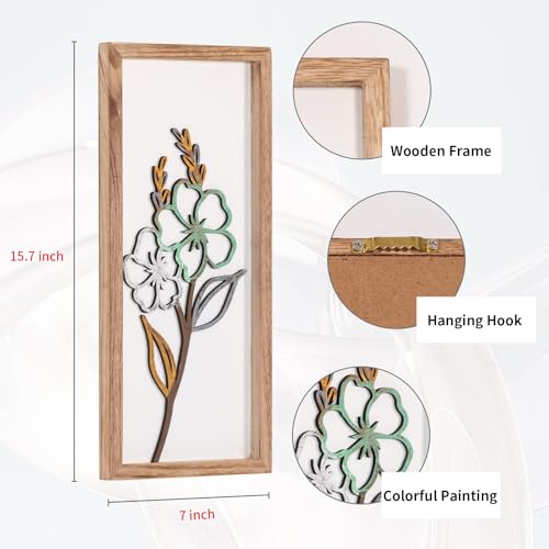 HUYIENO 3D Wooden Framed Floral Wall Art 16 inch Ready-to-Hang Set Stylish Painting for Bathroom Living Room Kitchen Boho Botanical Farmhouse Decorations Gift Idea - Image 5