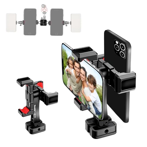 Manbily Phone Tripod Mount, Metal Smartphone Mount Adapter with Dual Phone Holder, 360° Swivel 180° Flip Adjustable Clip Clamp with Cold Shoe, for Selfie Stick Vlog Live Streaming - Image 1