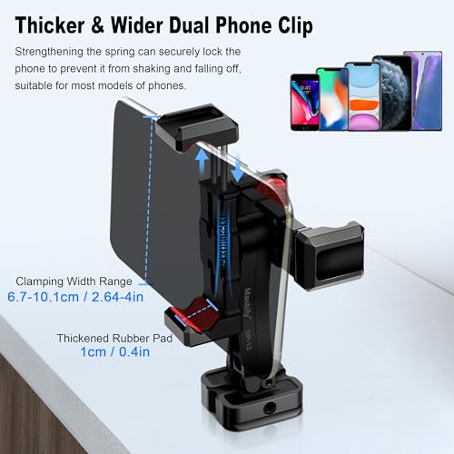 Manbily Phone Tripod Mount, Metal Smartphone Mount Adapter with Dual Phone Holder, 360° Swivel 180° Flip Adjustable Clip Clamp with Cold Shoe, for Selfie Stick Vlog Live Streaming - Image 5