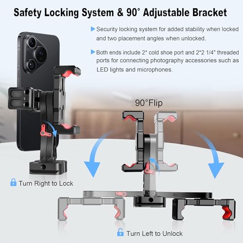 Manbily Phone Tripod Mount, Metal Smartphone Mount Adapter with Dual Phone Holder, 360° Swivel 180° Flip Adjustable Clip Clamp with Cold Shoe, for Selfie Stick Vlog Live Streaming - Image 4