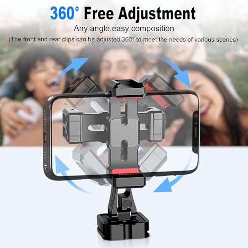 Manbily Phone Tripod Mount, Metal Smartphone Mount Adapter with Dual Phone Holder, 360° Swivel 180° Flip Adjustable Clip Clamp with Cold Shoe, for Selfie Stick Vlog Live Streaming - Image 2