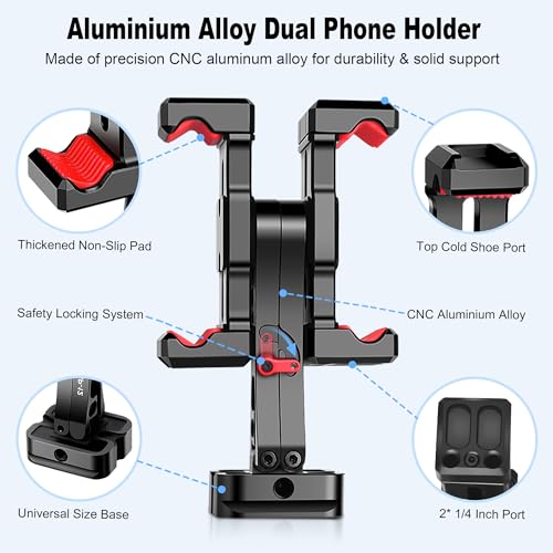 Manbily Phone Tripod Mount, Metal Smartphone Mount Adapter with Dual Phone Holder, 360° Swivel 180° Flip Adjustable Clip Clamp with Cold Shoe, for Selfie Stick Vlog Live Streaming - Image 3