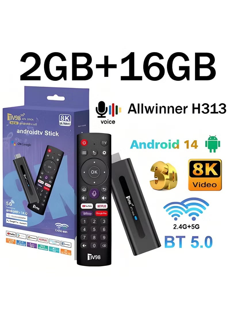 TV98 ATV Android 14 Smart TV Stick 8K 2.4G 5G Dual WiFi Bluetooth 5.0 Setup Box HDR10 Voice Remote Control TV Box Globe H313 Media Player 2GB+16GB - Image 1