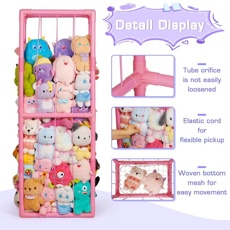 Trycooling Stuffed Animal Storage Zoo Stuffed Animal Holder Space Save Vertical Stuffed Animals Storage PVC with Elastic Band and Net for Playroom Bedroom Nursery (Pink 1) - Image 2