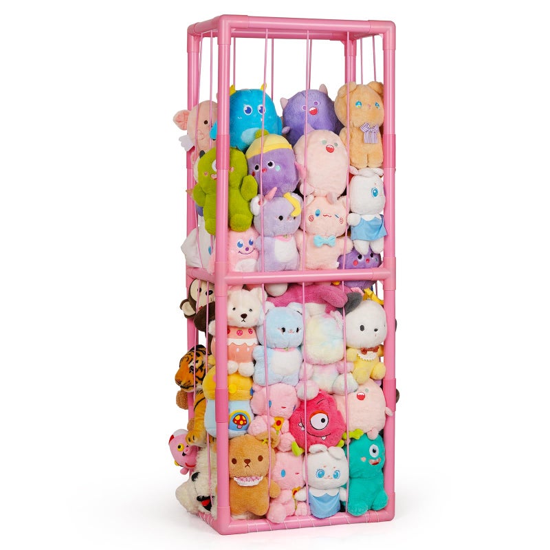 Trycooling Stuffed Animal Storage Zoo Stuffed Animal Holder Space Save Vertical Stuffed Animals Storage PVC with Elastic Band and Net for Playroom Bedroom Nursery (Pink 1) - Image 1