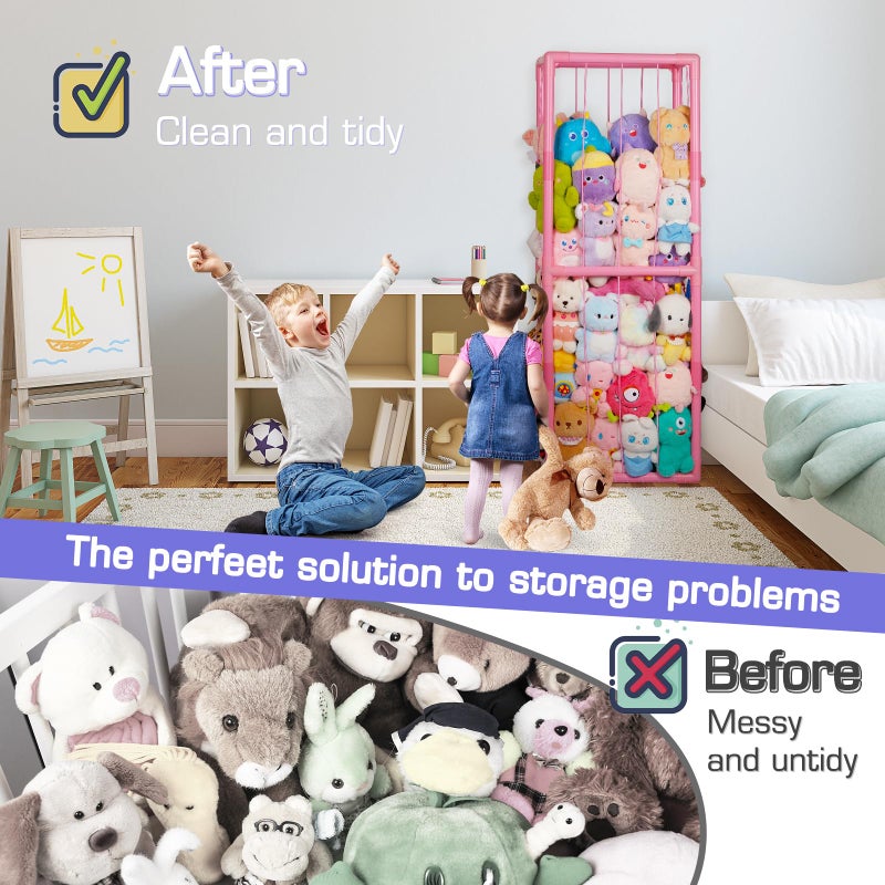 Trycooling Stuffed Animal Storage Zoo Stuffed Animal Holder Space Save Vertical Stuffed Animals Storage PVC with Elastic Band and Net for Playroom Bedroom Nursery (Pink 1) - Image 5