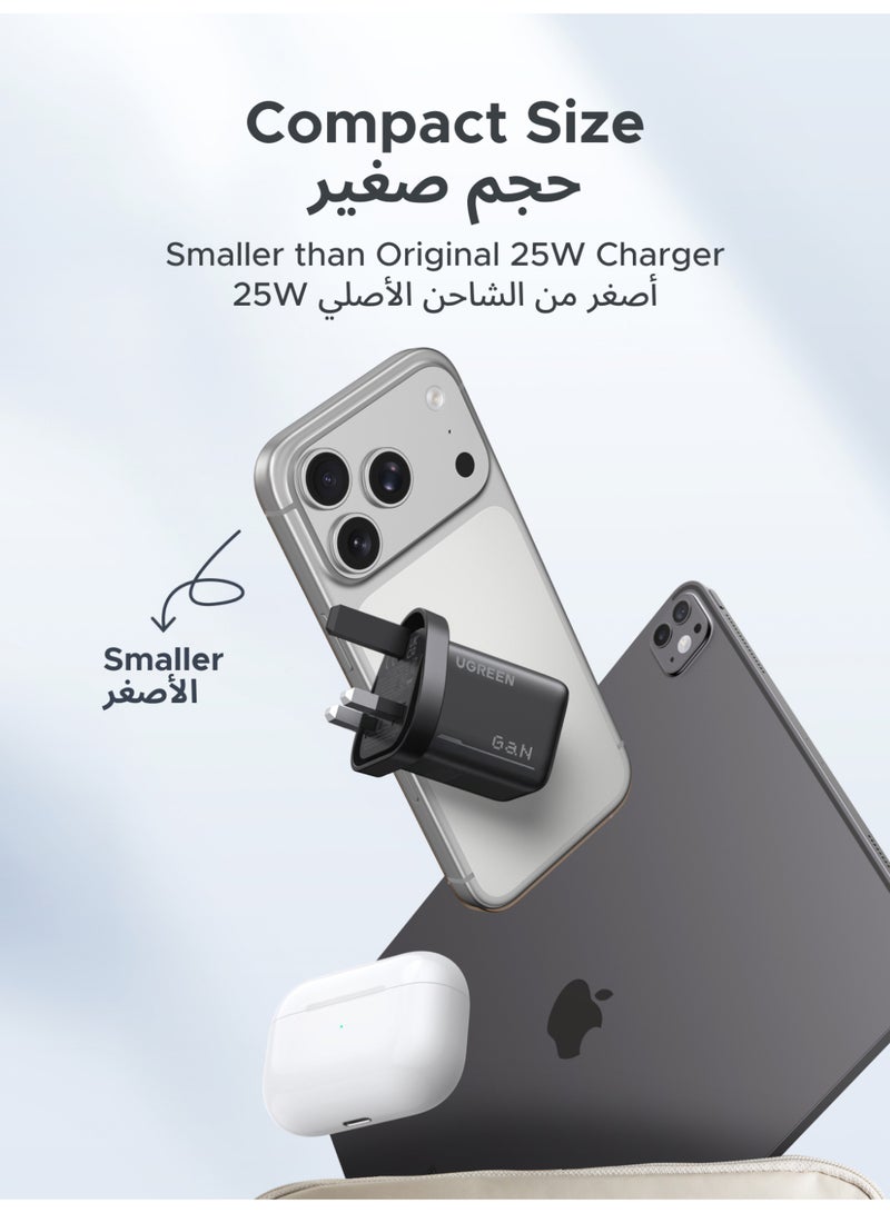 يو جرين شاحن سامسونج بقدرة 25 واط بتقنية GaN ومنفذ USB-C للشحن السريع مع كابل من النوع C بطول متر واحد وقدرة 60 واط، شاحن فائق السرعة من النوع C بتقنية PPS لأجهزة سامسونج جالاكسي S26/S25/S24/S23/S22/Ultra/Plus، وآيفون 17/16/15/Pro/Pro Max، وآيباد، وهواوي، وشاومي، محول طاقة جداري بتقنية PD3.0/QC3.0 - أسود 25W with Cable - Image 3
