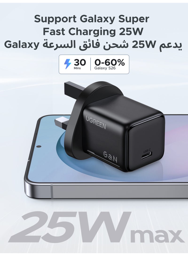 يو جرين شاحن سامسونج بقدرة 25 واط بتقنية GaN ومنفذ USB-C للشحن السريع مع كابل من النوع C بطول متر واحد وقدرة 60 واط، شاحن فائق السرعة من النوع C بتقنية PPS لأجهزة سامسونج جالاكسي S26/S25/S24/S23/S22/Ultra/Plus، وآيفون 17/16/15/Pro/Pro Max، وآيباد، وهواوي، وشاومي، محول طاقة جداري بتقنية PD3.0/QC3.0 - أسود 25W with Cable - Image 2