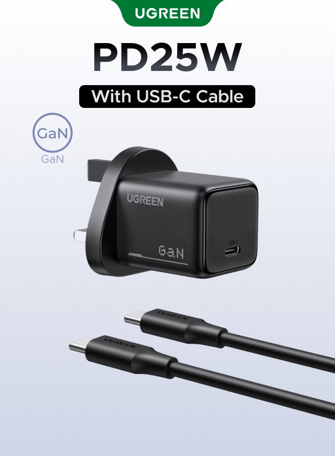 يو جرين شاحن سامسونج بقدرة 25 واط بتقنية GaN ومنفذ USB-C للشحن السريع مع كابل من النوع C بطول متر واحد وقدرة 60 واط، شاحن فائق السرعة من النوع C بتقنية PPS لأجهزة سامسونج جالاكسي S26/S25/S24/S23/S22/Ultra/Plus، وآيفون 17/16/15/Pro/Pro Max، وآيباد، وهواوي، وشاومي، محول طاقة جداري بتقنية PD3.0/QC3.0 - أسود 25W with Cable - Image 1