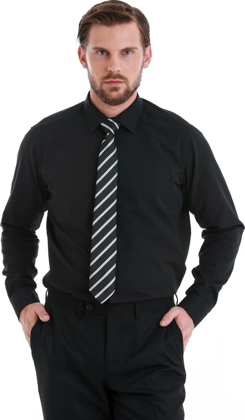 هاتيموغلو Black Slim Fit Patterned Slim Collar Cotton Long Sleeve Shirt