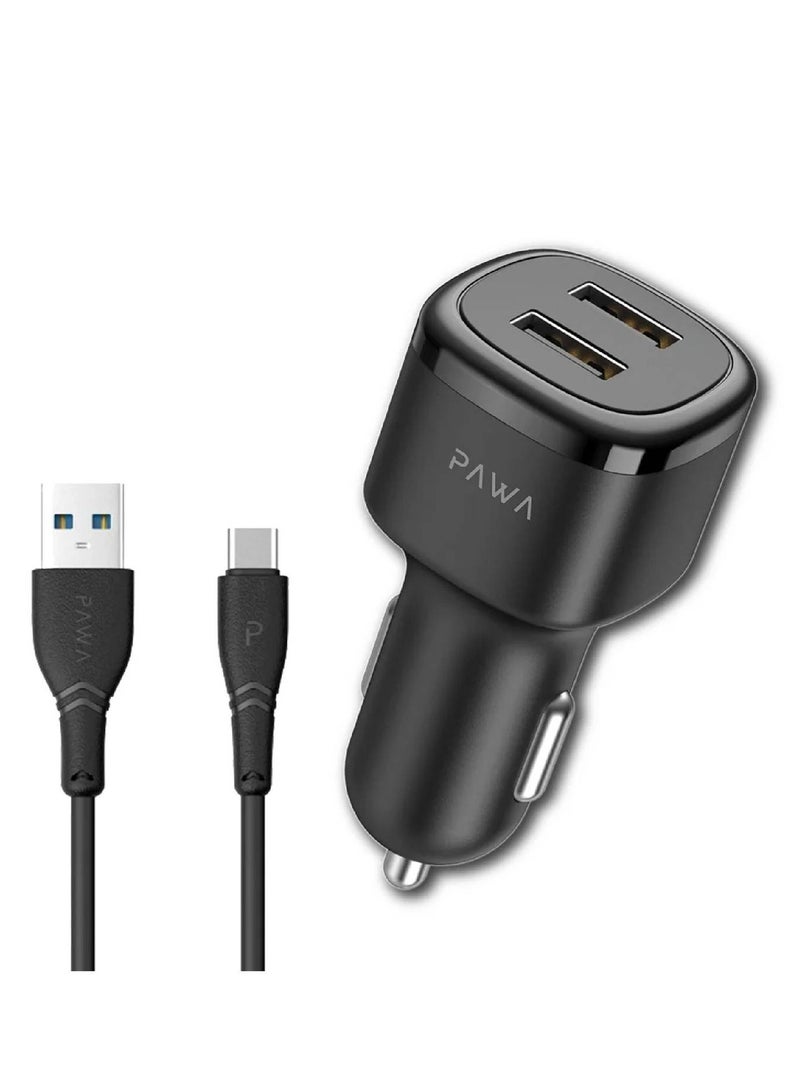 Pawa Solid Car Charger 2.4A Auto-ID with Type C Cable / Fast Charger / Portable & Elegant / Secure and saturated / Wide Compatibility -Black