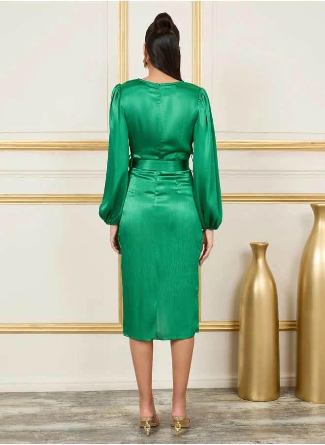 Styli Volume Sleeve Satin Wrap Midi Dress