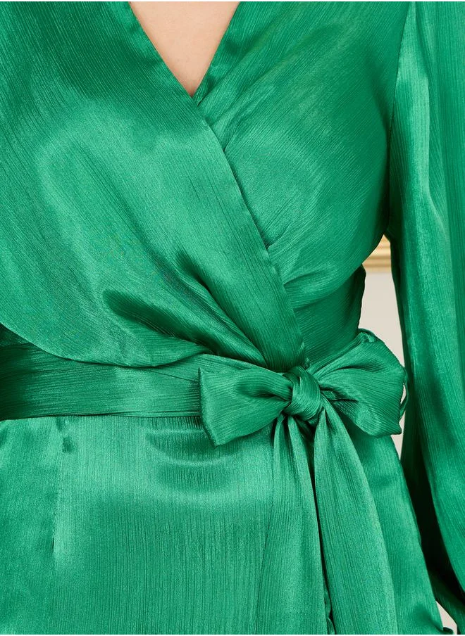 Styli Volume Sleeve Satin Wrap Midi Dress