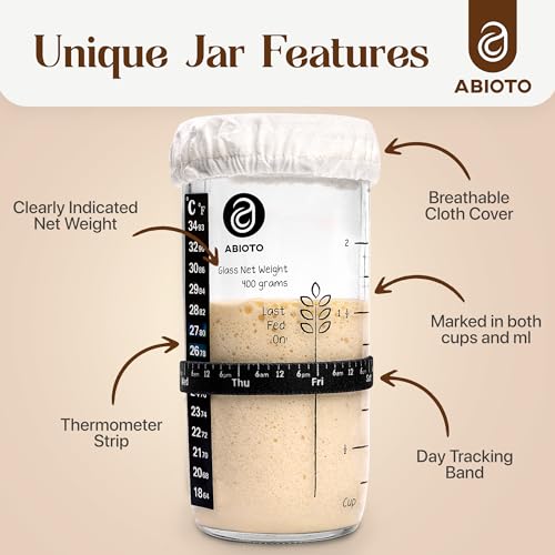 ABIOTO Sourdough Starter Kit, Includes 24 oz Sourdough Starter Jar with Metallic Lid, Silicone Spatula, Feeding Tracker, Extra Thermometer Strips & Breathable Covers - Sourdough Bread Starter Kit - Image 3