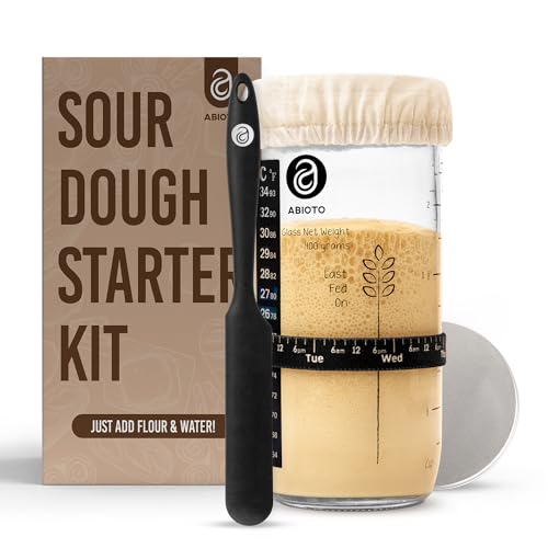 ABIOTO Sourdough Starter Kit, Includes 24 oz Sourdough Starter Jar with Metallic Lid, Silicone Spatula, Feeding Tracker, Extra Thermometer Strips & Breathable Covers - Sourdough Bread Starter Kit - Image 1