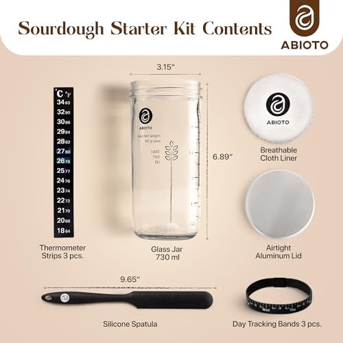 ABIOTO Sourdough Starter Kit, Includes 24 oz Sourdough Starter Jar with Metallic Lid, Silicone Spatula, Feeding Tracker, Extra Thermometer Strips & Breathable Covers - Sourdough Bread Starter Kit - Image 2