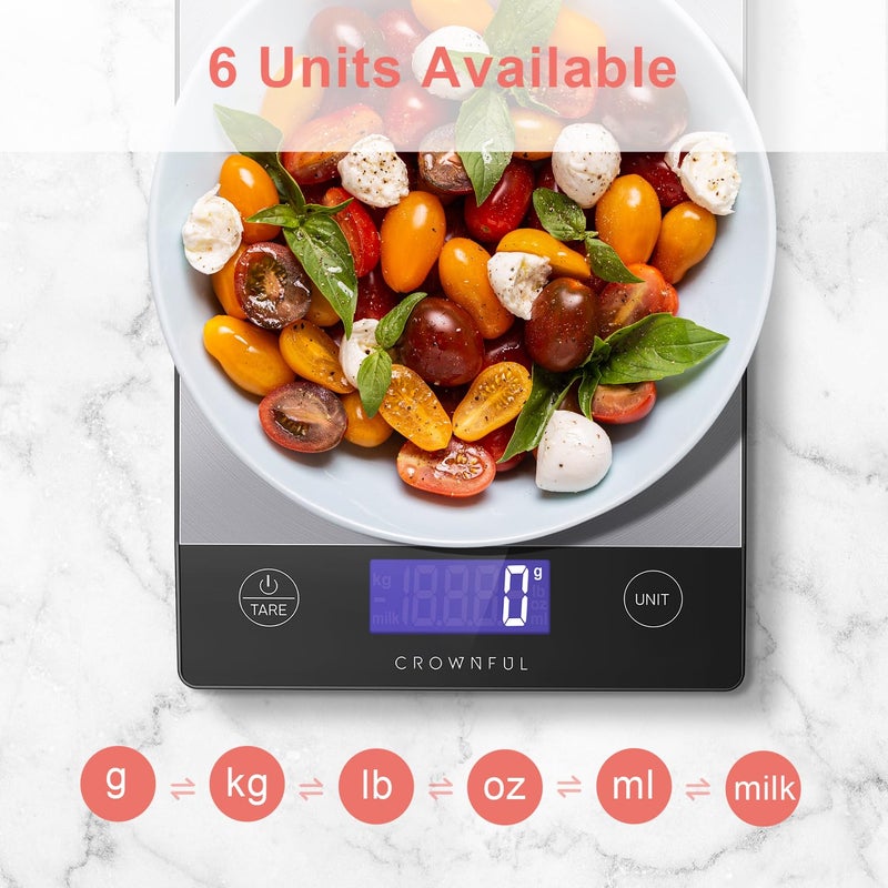 CROWNFUL Food Scale, Rechargeable 304 Stainless Steel Digital Kitchen Scale Upto 33lb Weight Grams and Ounces with LCD Display and Type-C Charging for Baking and Cooking - Image 4