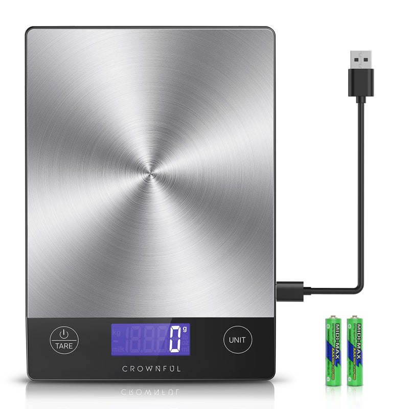 CROWNFUL Food Scale, Rechargeable 304 Stainless Steel Digital Kitchen Scale Upto 33lb Weight Grams and Ounces with LCD Display and Type-C Charging for Baking and Cooking - Image 1