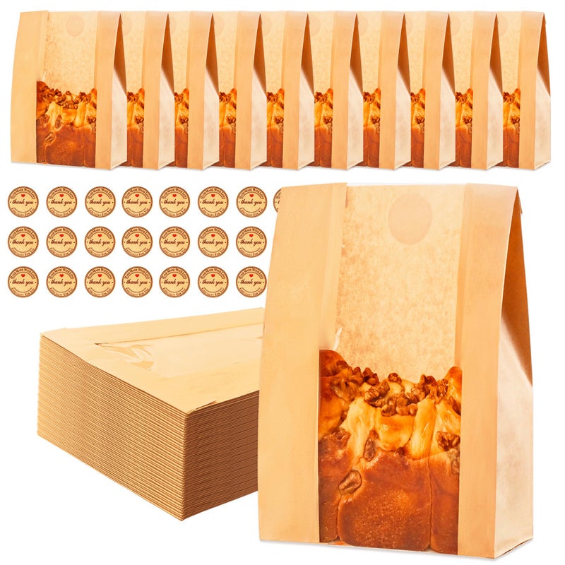Homrelaxy 60pcs Paper Bread Bags for Homemade Bread, Sourdough Bags with Window, 13.7 x 8.3 x 3.5 Inch Large Brown Kraft Bakery Bag for Storing Loaves & Snacks, Includes 70 Sealing Stickers - Image 1