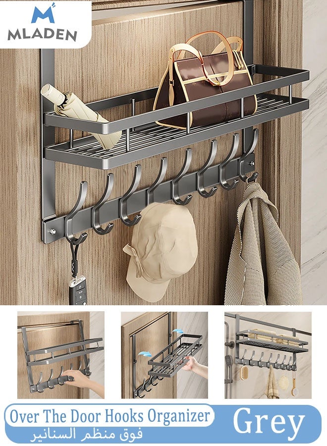 MLADEN Over the Door Hook Hanger Rack with 5 Hooks and Storage Basket,Towel Rack Silent Super Load-bearing Over the Door Hanger,Versatile Door Hanger for Coats,Robe,Towels, Bags, Keys - Ideal for Bathroom, Bedroom, Behind Back of Door, Grey, 43x10x28cm - Image 1