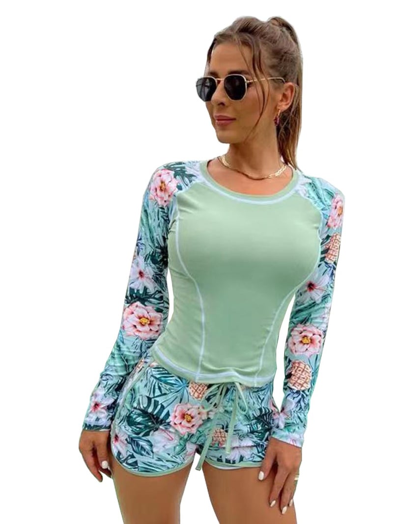 Lopie Women Rash Guard Shirts Long Sleeve Swimsuit 2 Piece Bathing Suit Set with Bottom UPF 50 Surf Swimwear(L,Light green301)