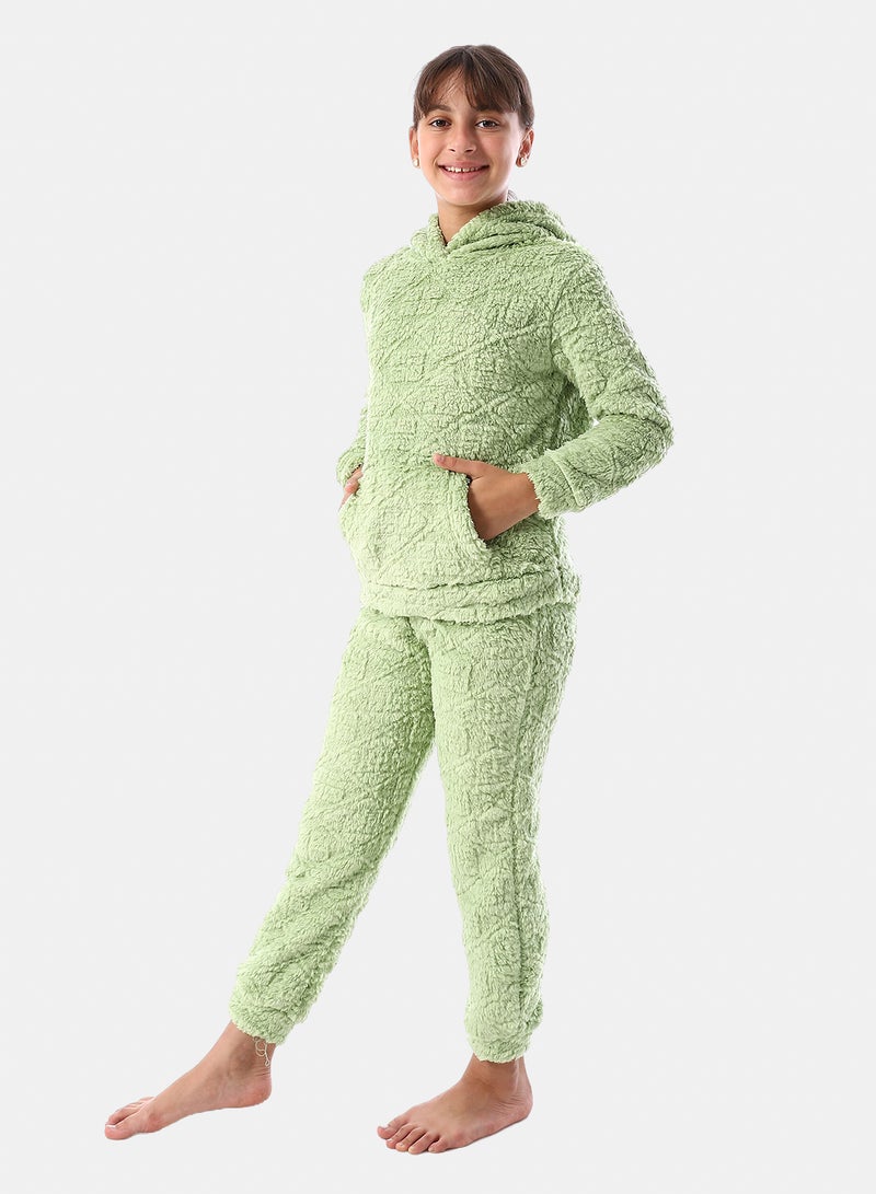 Andora Lattice Pattern Fur Hooded Girls' Pajama - Light Green - Image 2