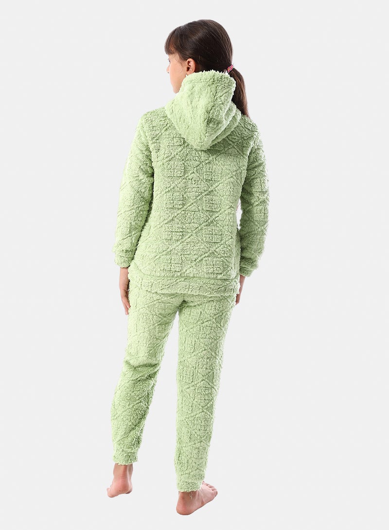 Andora Lattice Pattern Fur Hooded Girls' Pajama - Light Green - Image 4