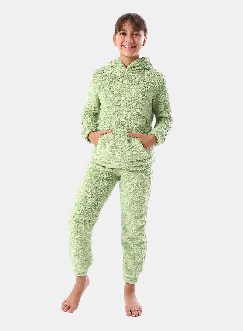 Andora Lattice Pattern Fur Hooded Girls' Pajama - Light Green - Image 1