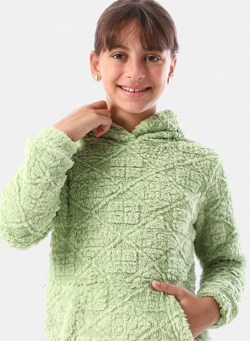 Andora Lattice Pattern Fur Hooded Girls' Pajama - Light Green - Image 5
