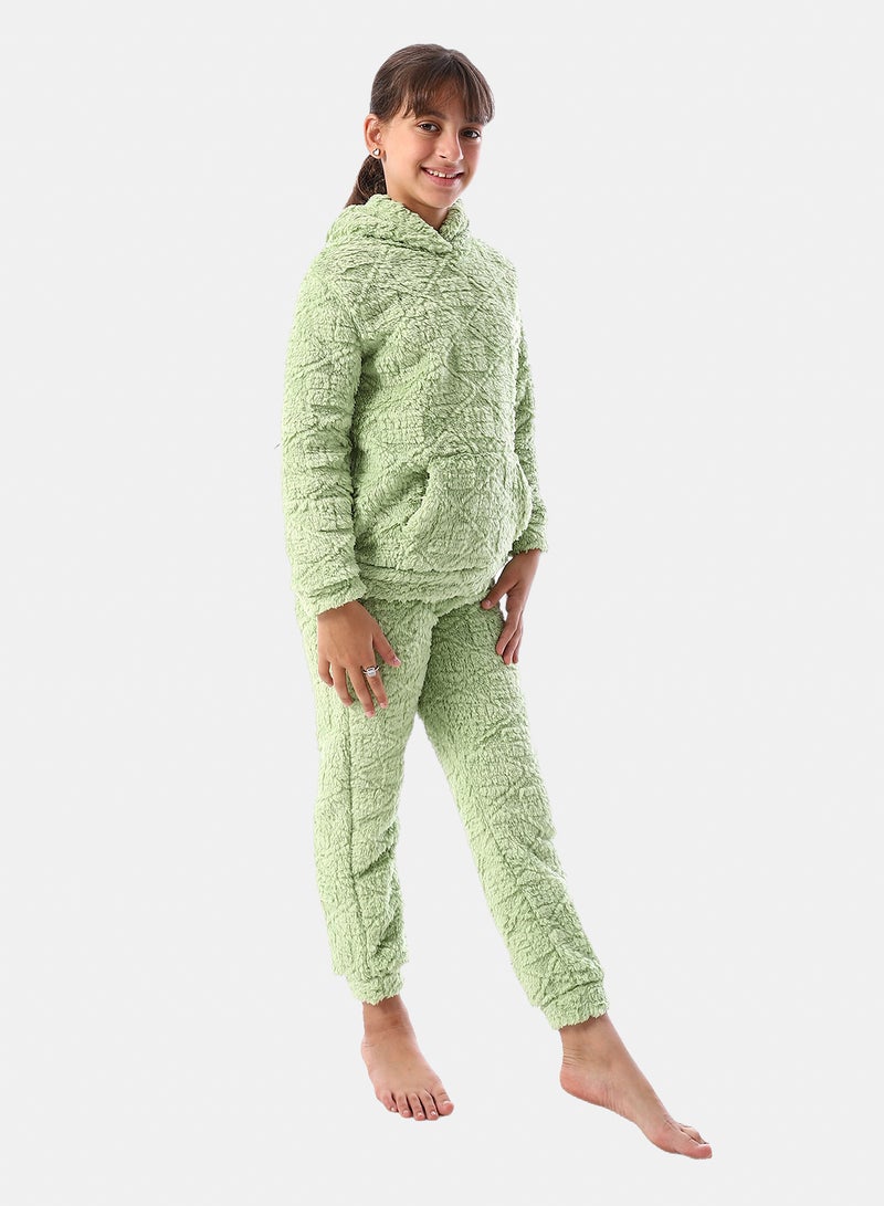 Andora Lattice Pattern Fur Hooded Girls' Pajama - Light Green - Image 3