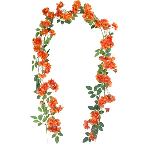 GhuaH 2 Pcs Artificial Flowers Garland for Outdoors Orange Faux Gardenia Garland 12Ft Silk Rose Hanging Vines Floral for Wedding Arch Party Wall Garden Ceremony Backdrop Fence Spring Decor - Image 1