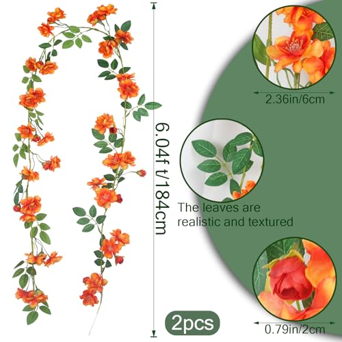 GhuaH 2 Pcs Artificial Flowers Garland for Outdoors Orange Faux Gardenia Garland 12Ft Silk Rose Hanging Vines Floral for Wedding Arch Party Wall Garden Ceremony Backdrop Fence Spring Decor - Image 2