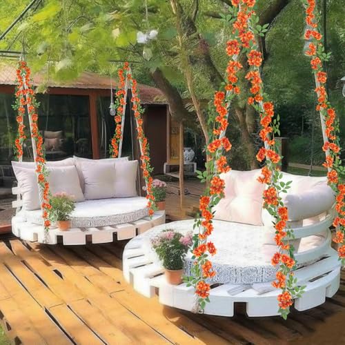 GhuaH 2 Pcs Artificial Flowers Garland for Outdoors Orange Faux Gardenia Garland 12Ft Silk Rose Hanging Vines Floral for Wedding Arch Party Wall Garden Ceremony Backdrop Fence Spring Decor - Image 4