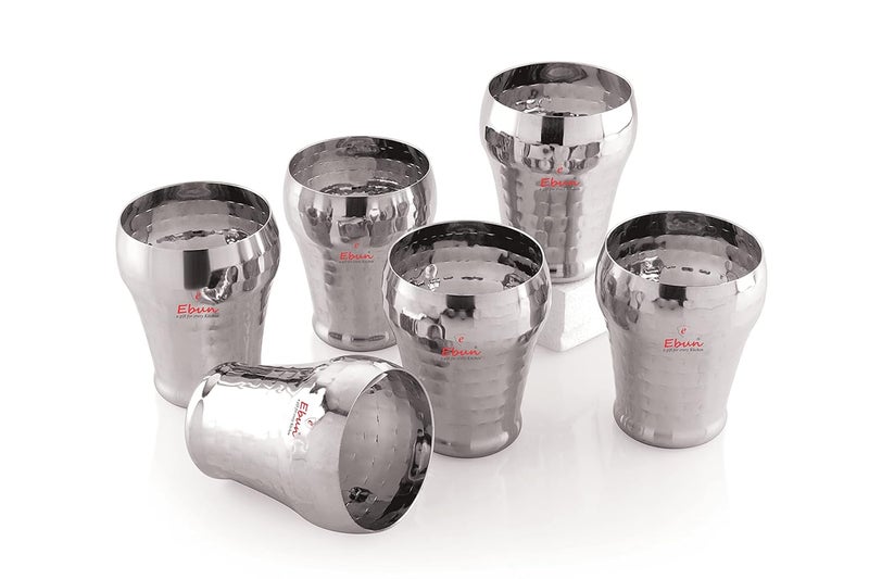Ebun Heavy Gauge Hand Hammered Stainless Steel Glass Set Steel Glasses Set for Water Steel Glasses Set of 6 for Water Stainless Steel Glass Set of 6 250 Ml - Image 1