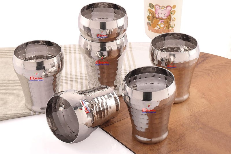 Ebun Heavy Gauge Hand Hammered Stainless Steel Glass Set Steel Glasses Set for Water Steel Glasses Set of 6 for Water Stainless Steel Glass Set of 6 250 Ml - Image 2