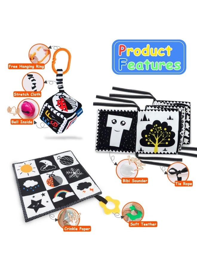 NIBEMINENT - 3 PCS Black and White High Contrast Baby Toys 0-6 Months for Newborn, Montessori Toys for Babies Sensory Soft Book for Early Education, Infant Tummy Time Toys 0 6 9 Months Baby Gifts - Image 1