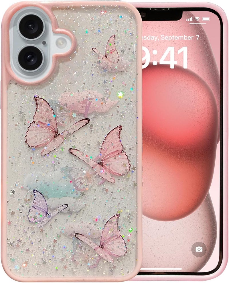VONZEE for iPhone 16 Clear Glitter Butterfly Case, Cute Bling Sparkle Shiny Soft TPU Bumper Shockproof Women Girls Slim Protective Phone Cover for iPhone 16 6.1",Pink - Image 5