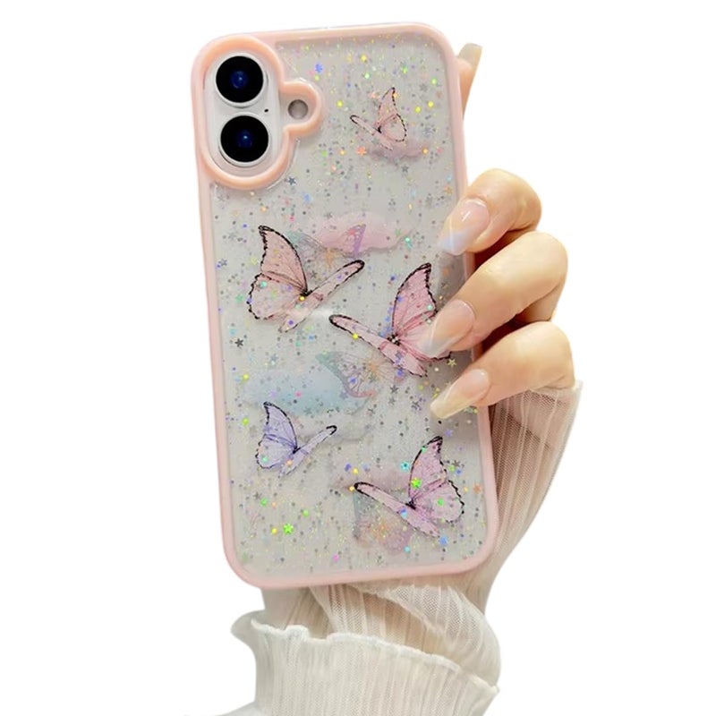 VONZEE for iPhone 16 Clear Glitter Butterfly Case, Cute Bling Sparkle Shiny Soft TPU Bumper Shockproof Women Girls Slim Protective Phone Cover for iPhone 16 6.1",Pink - Image 1