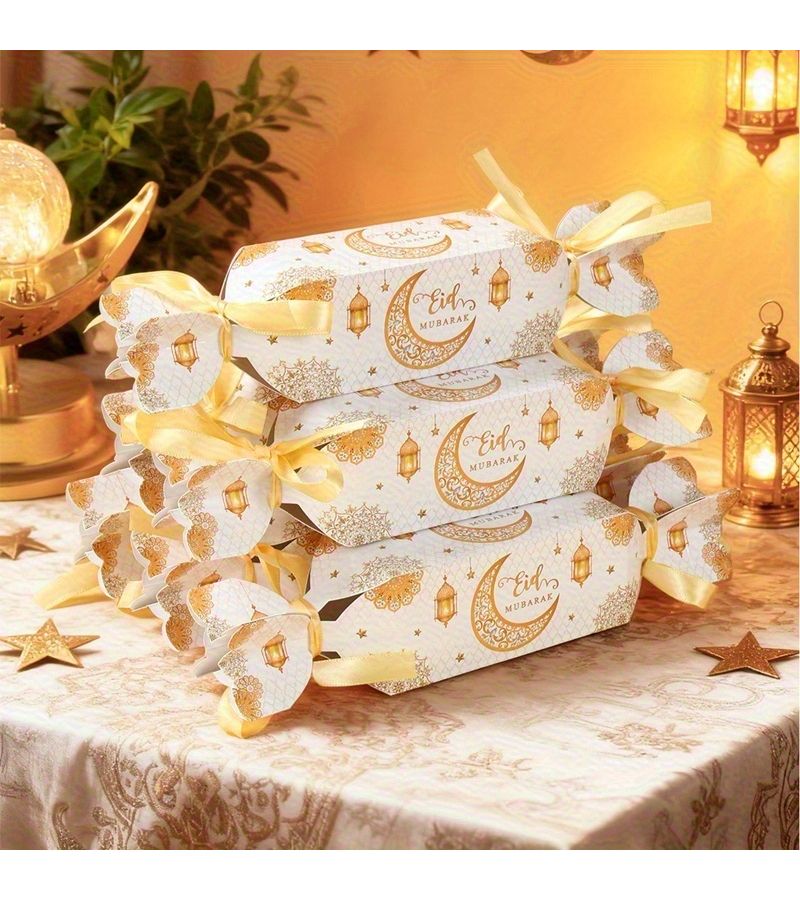 6 Islamic Paper Gift Boxes With White Gold Lanterns For Ramadan Mubarak Decorations Eid Al Fitr Gifts Muslim Party Supplies Sweets Packaging - Image 1