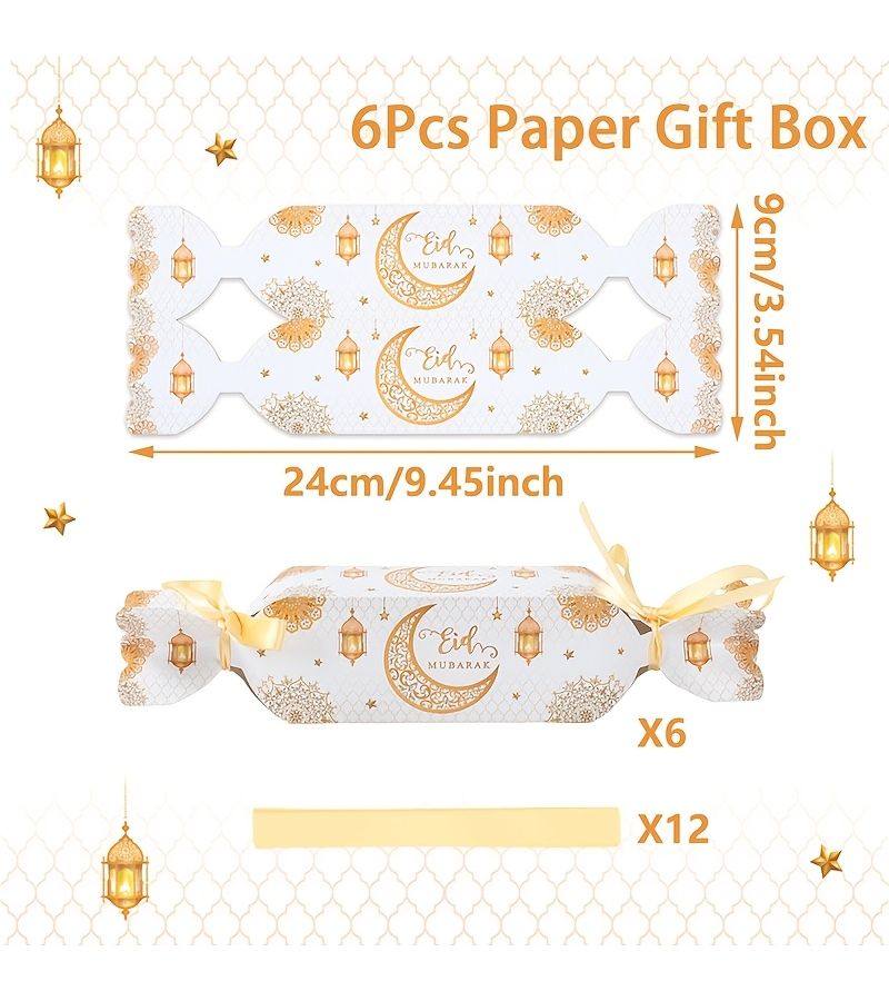 6 Islamic Paper Gift Boxes With White Gold Lanterns For Ramadan Mubarak Decorations Eid Al Fitr Gifts Muslim Party Supplies Sweets Packaging - Image 3