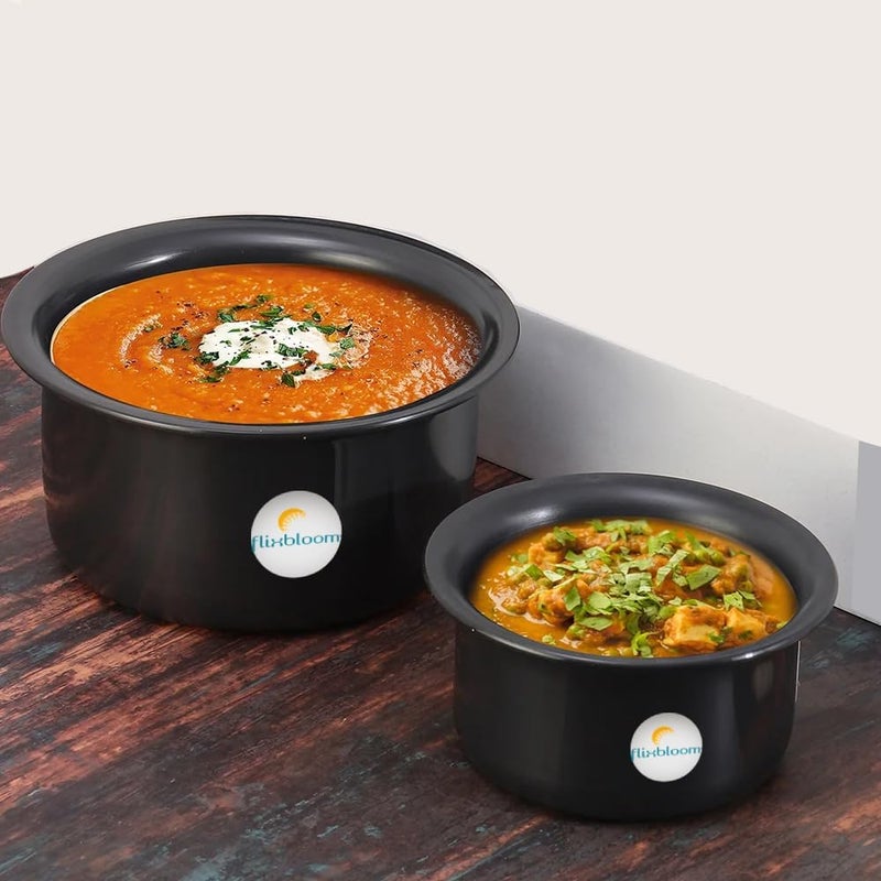 Flixbloom Regal Black Combo Sets of 2 Tope with Lid 1 LTR 2 LTR Hard Anodised Induction BaseLPG Gas Stove Friendly Cookware TopeContainerPatilaTapeliBhagona for Cooking Serving - Image 4