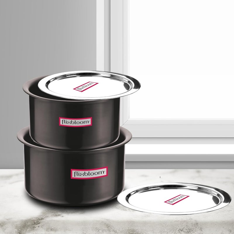 Flixbloom Regal Black Combo Sets of 2 Tope with Lid 1 LTR 2 LTR Hard Anodised Induction BaseLPG Gas Stove Friendly Cookware TopeContainerPatilaTapeliBhagona for Cooking Serving - Image 1