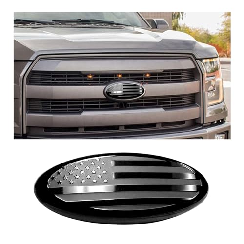 Suvnie Front Grille US Flag Emblem, 7 Inch Oval Rear Tailgate Decal Badge Nameplate, Central Mesh Cover Label Sticker Overlay Replacement Compatible with F150 F250 F350 and More (7'', Black) - Image 1