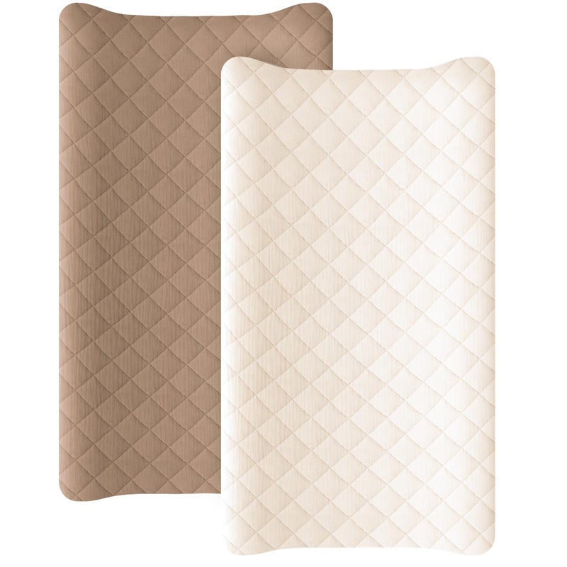 Konssy Waterproof Muslin Changing Pad Cover 2 Pack, Quilted Cotton Fitted Diaper Changing Table Cover, Soft Changing Pad Sheets for Girls Boys (Brown, Cream) - Image 1