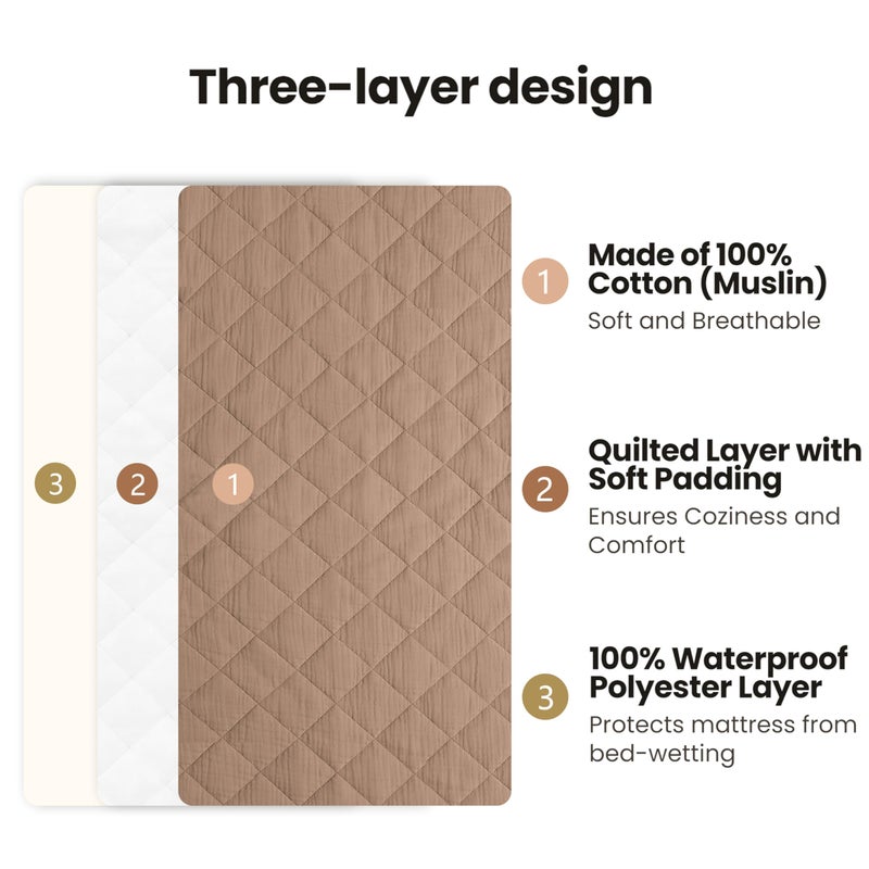 Konssy Waterproof Muslin Changing Pad Cover 2 Pack, Quilted Cotton Fitted Diaper Changing Table Cover, Soft Changing Pad Sheets for Girls Boys (Brown, Cream) - Image 3
