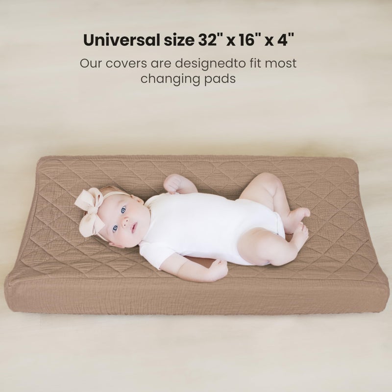 Konssy Waterproof Muslin Changing Pad Cover 2 Pack, Quilted Cotton Fitted Diaper Changing Table Cover, Soft Changing Pad Sheets for Girls Boys (Brown, Cream) - Image 5