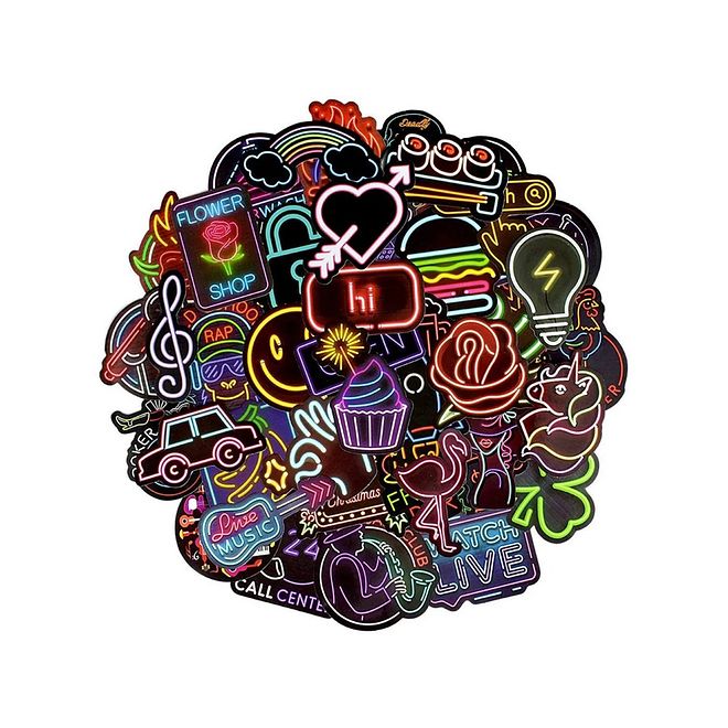 Essen Neon Pop Waterproof Stickers for Laptops, Skateboards & More, Cute Set of 50, Reusable & No Residue - Image 1